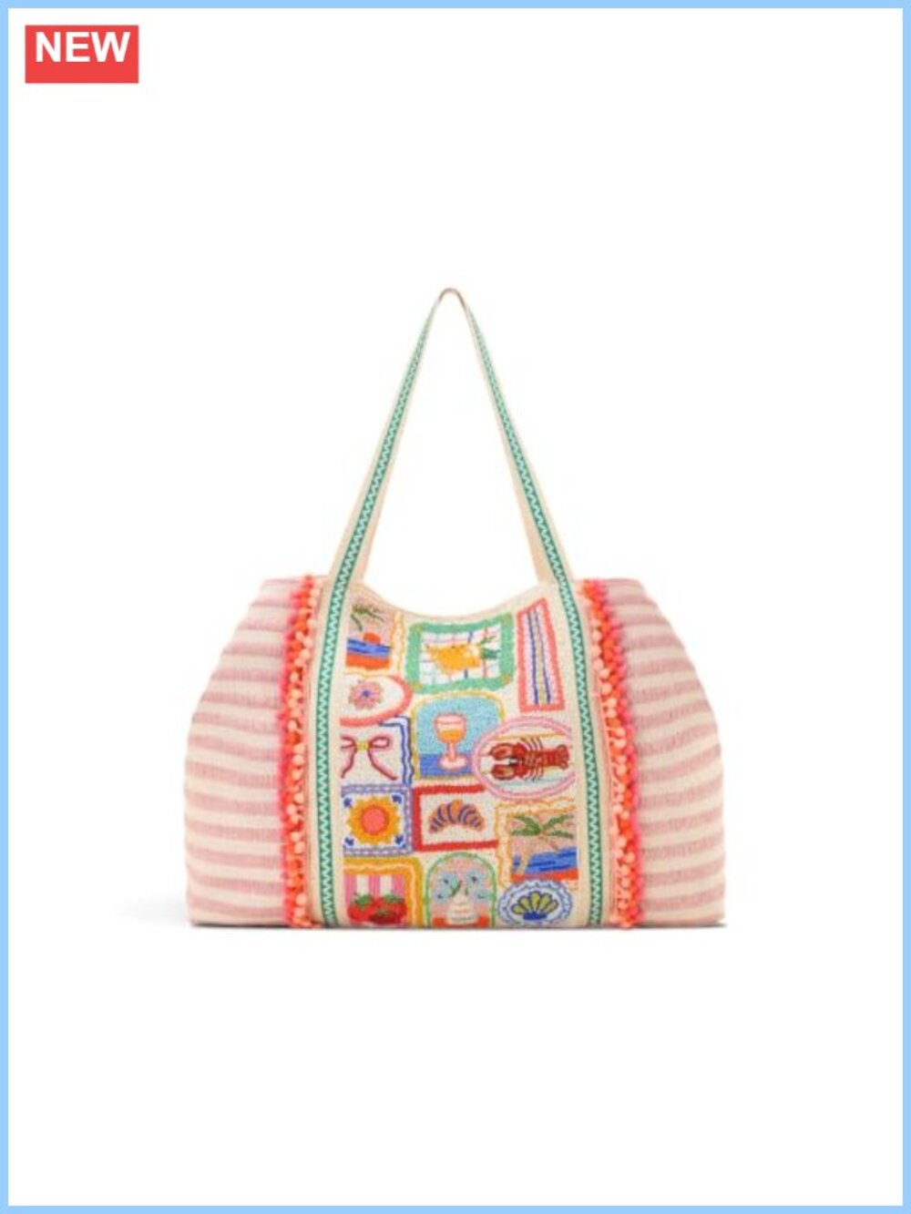 Oversized Beaded Tote Bag Cotton Canvas Handles Vacation Beach